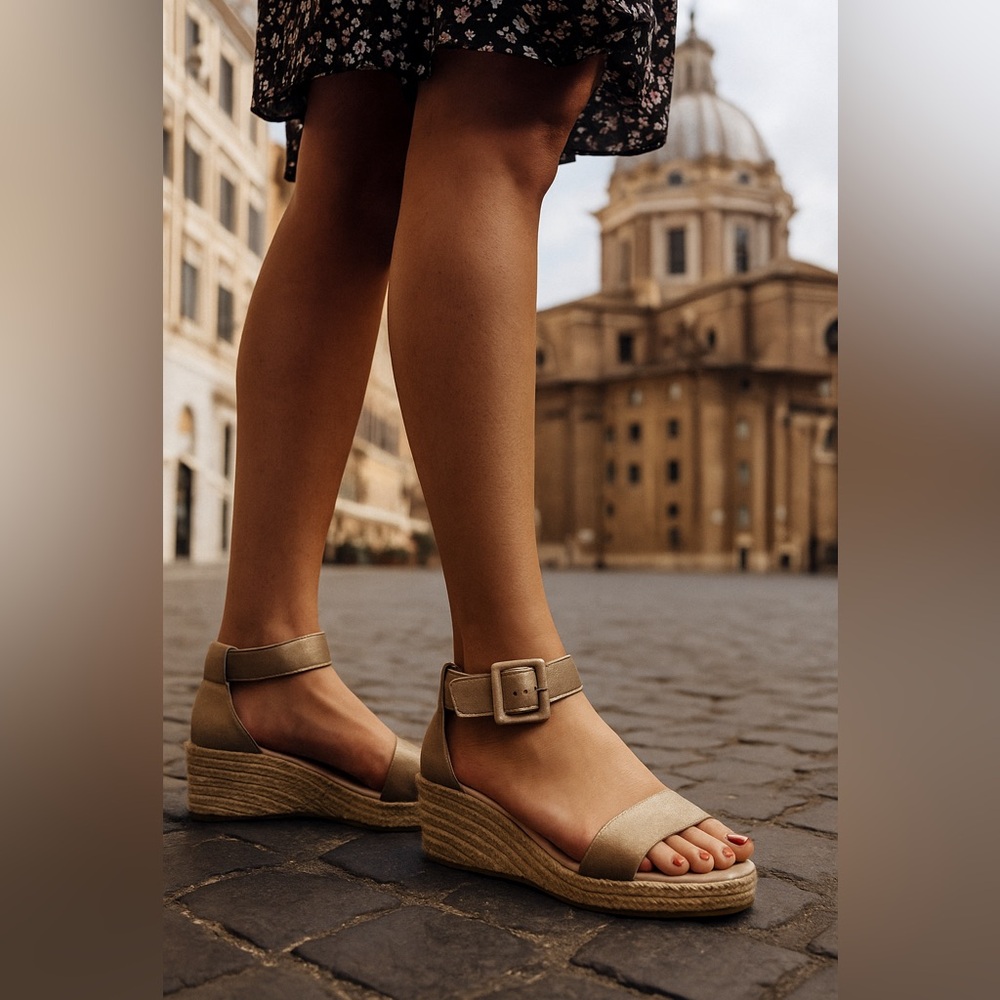FIRTH Brushed Gold Wedge  Espadrille Sandals sz 9 made in Spain Buckle at front